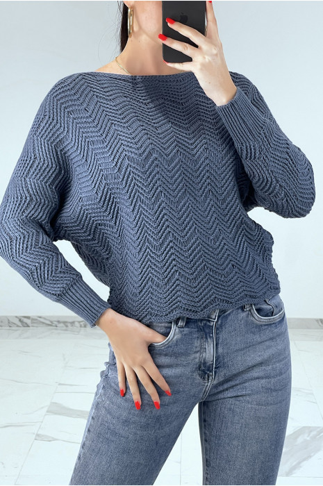 Pull indigo à manches chauve-souris et motifs en maille - 1