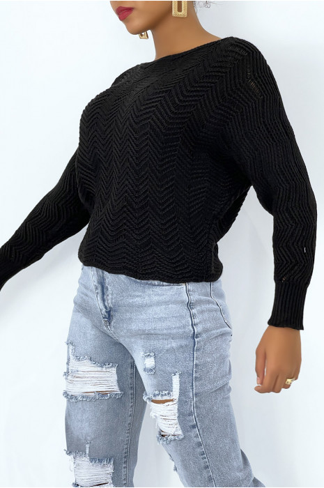Pull noir à manches chauve-souris et motifs en maille - 4