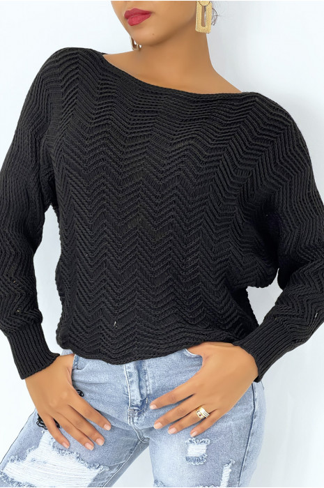 Pull noir à manches chauve-souris et motifs en maille - 1