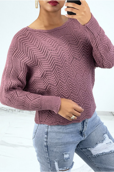 Pull fuschia à manches chauve-souris et motifs en maille - 1