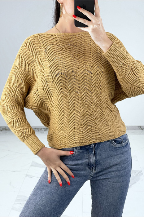Pull camel à manches chauve-souris et motifs en maille - 1