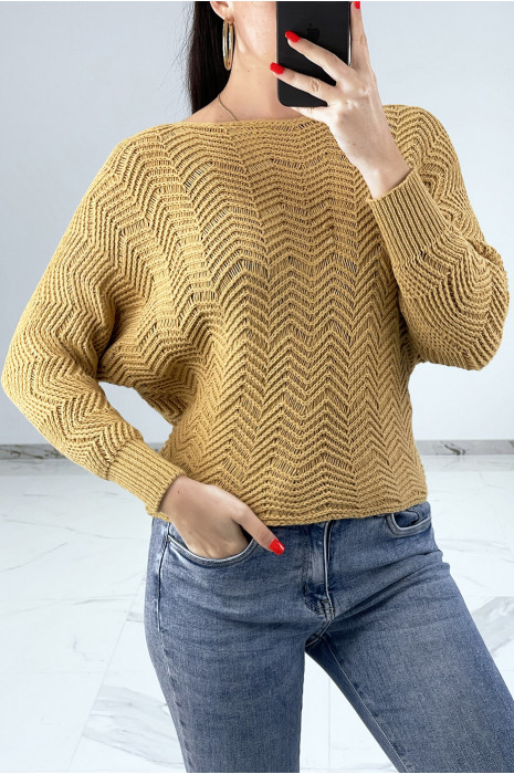 Pull camel à manches chauve-souris et motifs en maille - 2