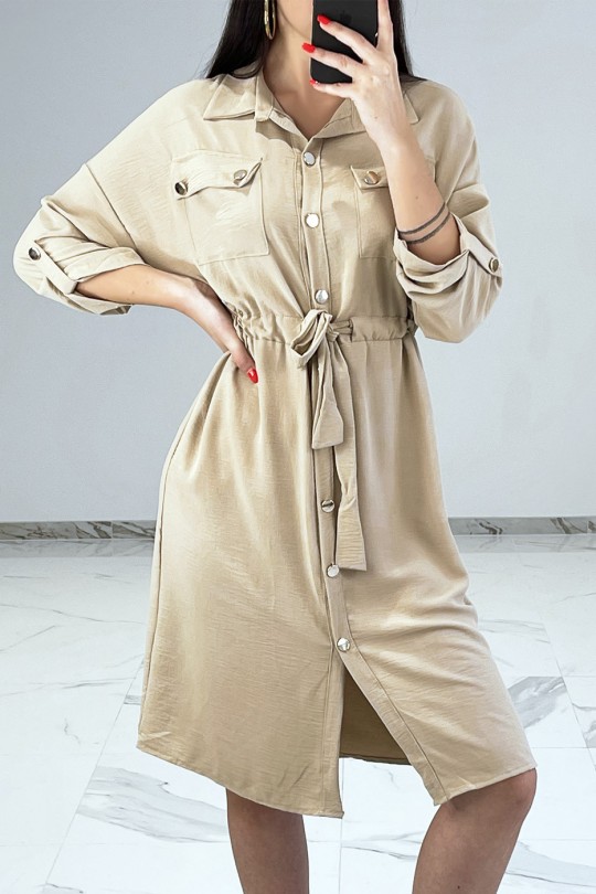 Fluid beige midi shirt dress with safari style pockets - 1