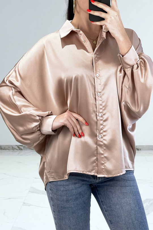 Oversized satin powder pink shirt with batwing sleeves - 1