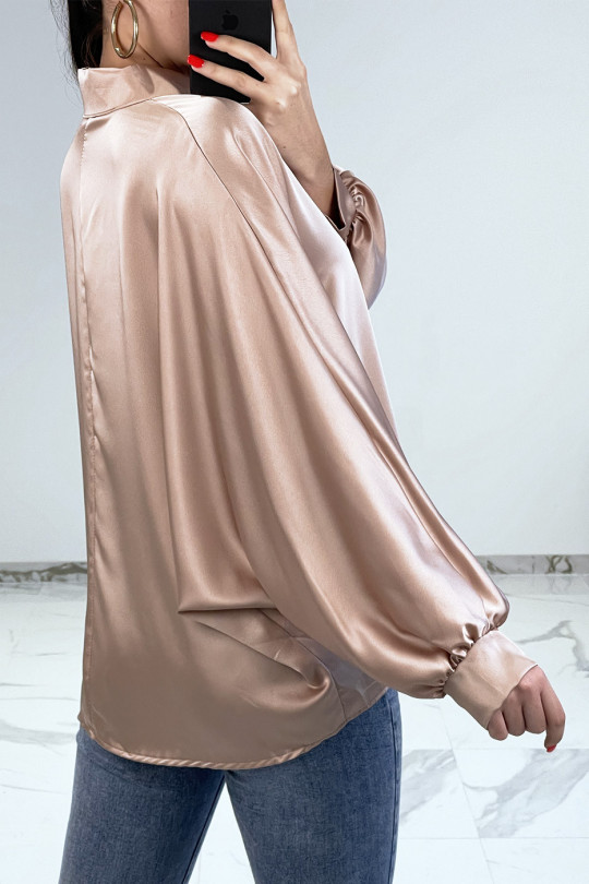Oversized satin powder pink shirt with batwing sleeves - 5