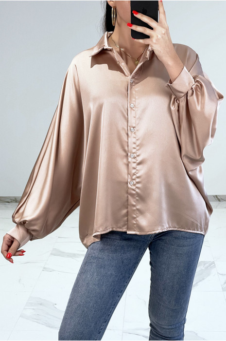 Chemise rose poudré satinée oversize avec manches chauve-souris - 3