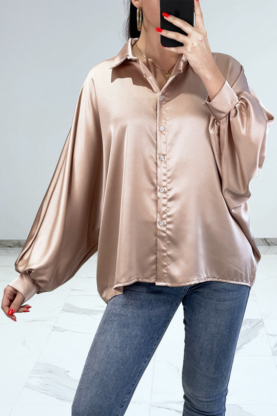 Oversized satin powder pink shirt with batwing sleeves - 3