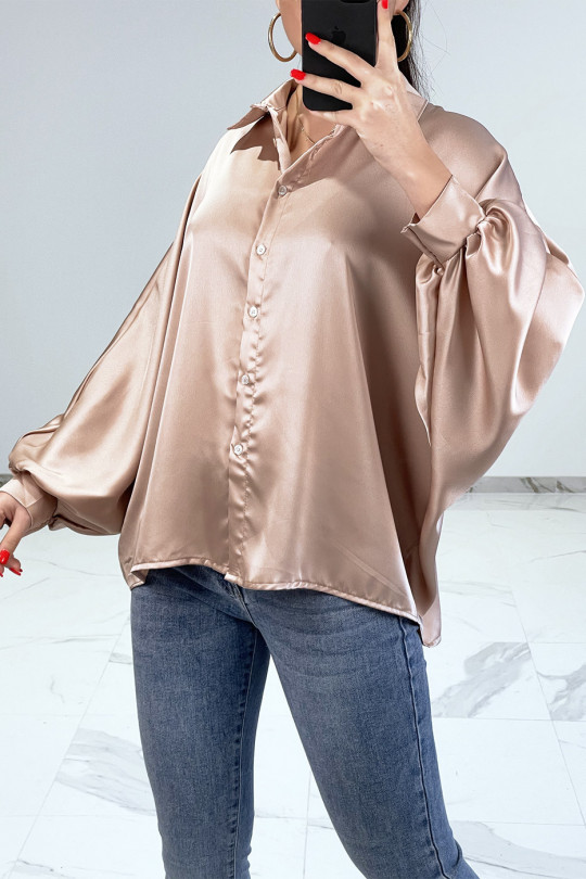 Oversized satin powder pink shirt with batwing sleeves - 4