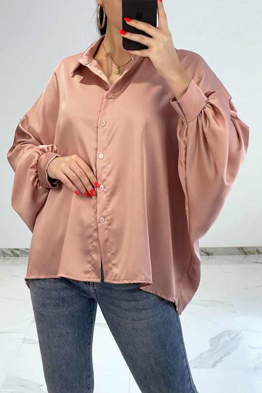 Roze satijnachtig oversized overhemd met vleermuismouwen - 1
