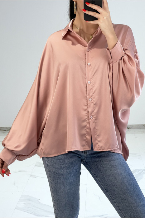 Roze satijnachtig oversized overhemd met vleermuismouwen - 4