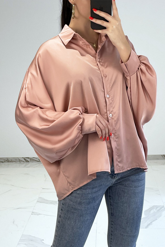Pink satiny oversized shirt with batwing sleeves - 3