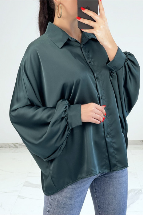 Chemise verte satinée oversize avec manches chauve-souris - 1