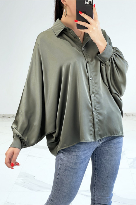 Chemise kaki satinée oversize avec manches chauve-souris - 2