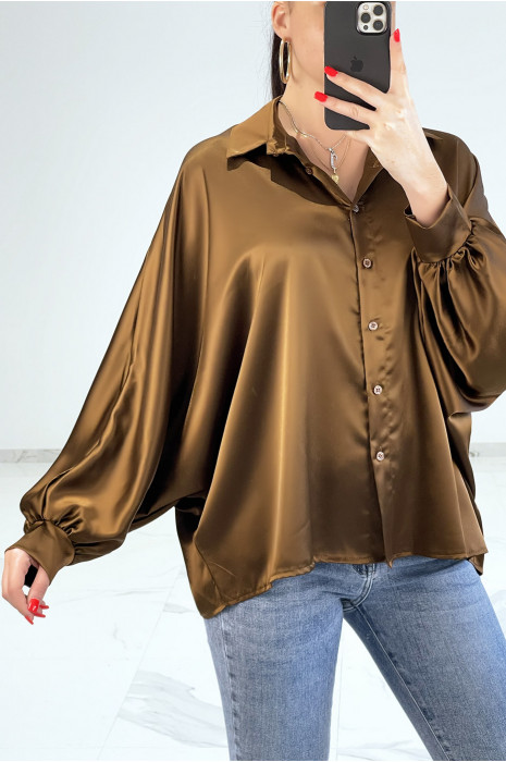 Chemise cognac satinée oversize avec manches chauve-souris - 1