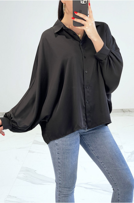 Oversized satijnen zwart overhemd met vleermuismouwen - 3