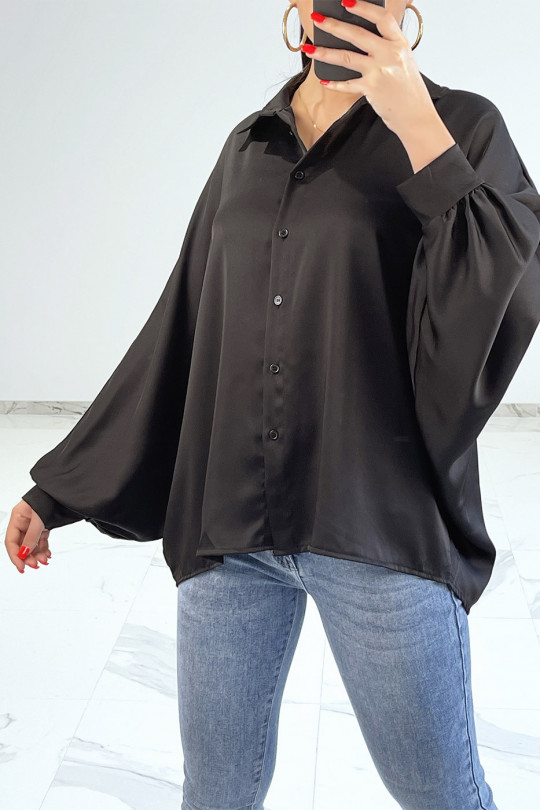 Oversized satin black shirt with batwing sleeves - 1
