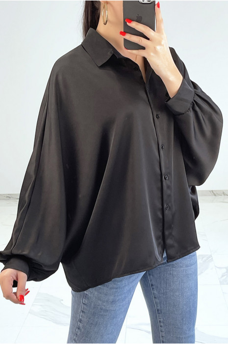 Chemise noire satinée oversize avec manches chauve-souris - 2