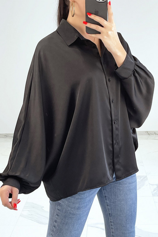 Oversized satin black shirt with batwing sleeves - 2