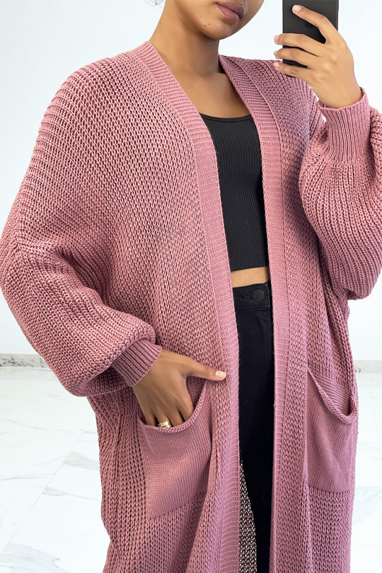 Long fuchsia cable knit cardigan with pockets - 3