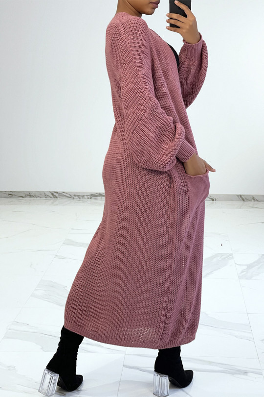 Long fuchsia cable knit cardigan with pockets - 4