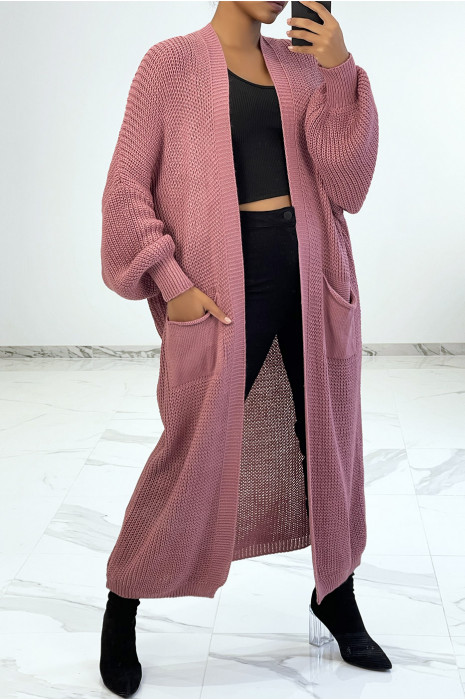 Lang fuchsia gebreid kabelvest met zakken - 2