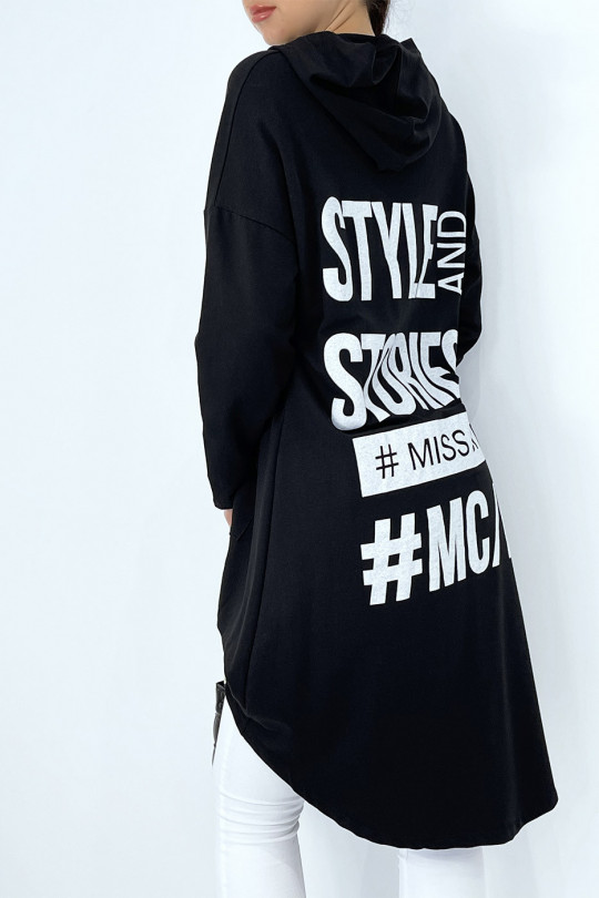 Sweat noir asymétrique long avec capuche et inscription au dos - 5