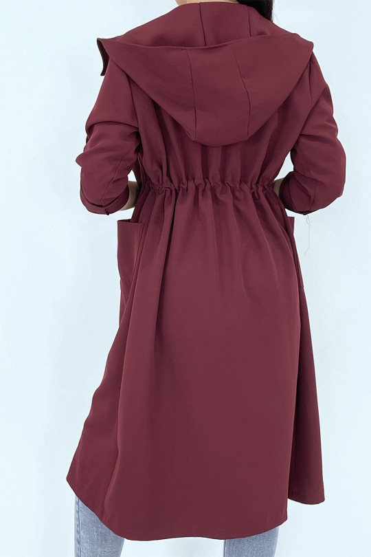 Long fluid parka-style trench coat with burgundy hood to tighten at the waist - 7