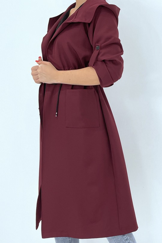 Long fluid parka-style trench coat with burgundy hood to tighten at the waist - 6