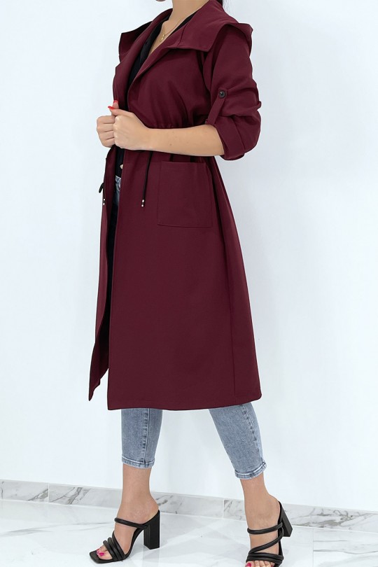 Long fluid parka-style trench coat with burgundy hood to tighten at the waist - 5