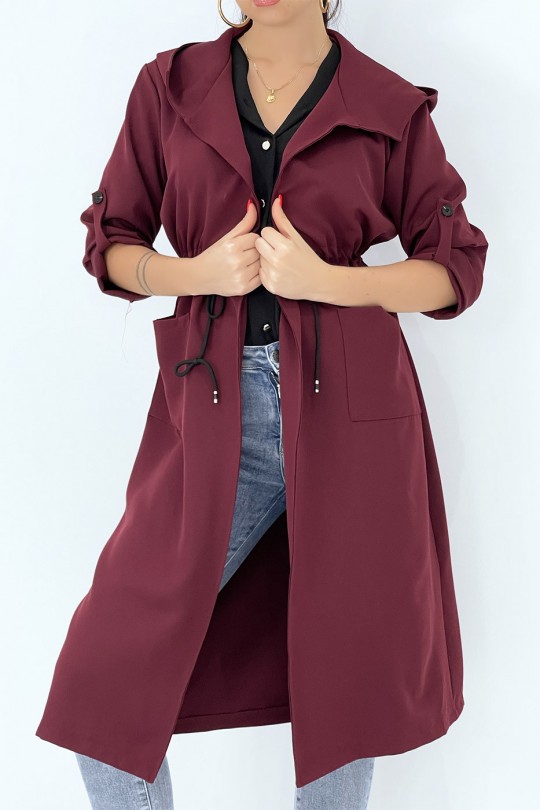Long fluid parka-style trench coat with burgundy hood to tighten at the waist - 1