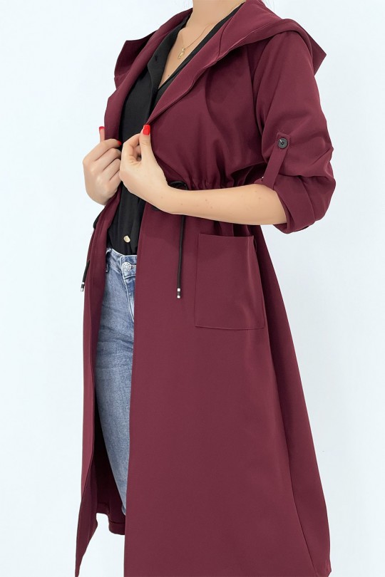 Long fluid parka-style trench coat with burgundy hood to tighten at the waist - 3