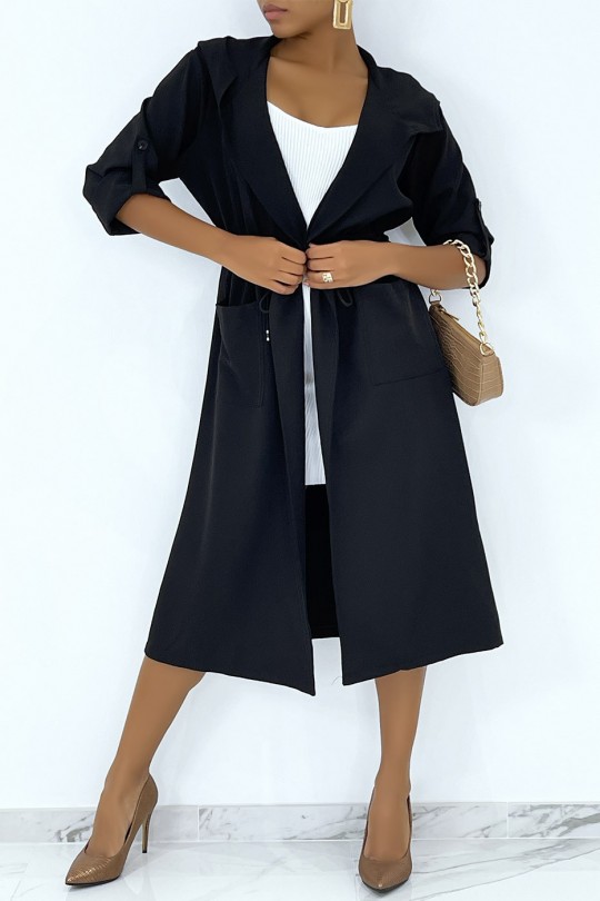 Long fluid parka style black hooded trench coat to tighten at the waist - 1