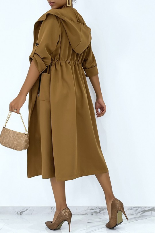 Long fluid parka-style trench coat with camel hood to tighten at the waist - 3