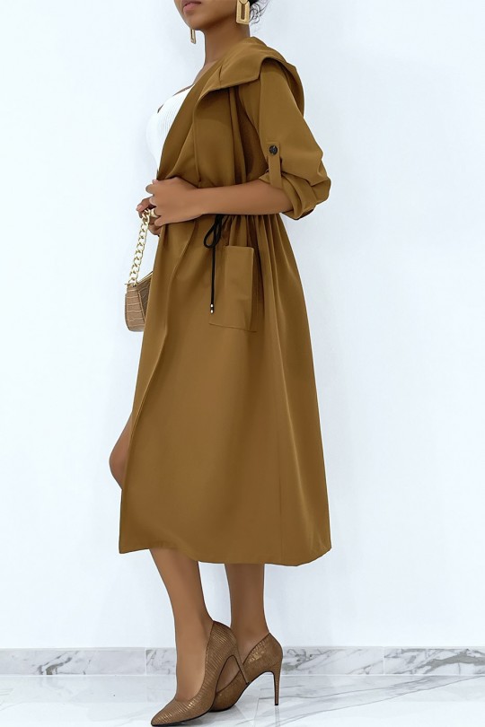 Long fluid parka-style trench coat with camel hood to tighten at the waist - 4