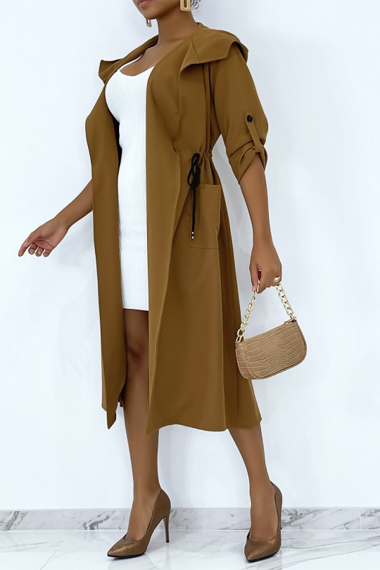 Long fluid parka-style trench coat with camel hood to tighten at the waist - 1