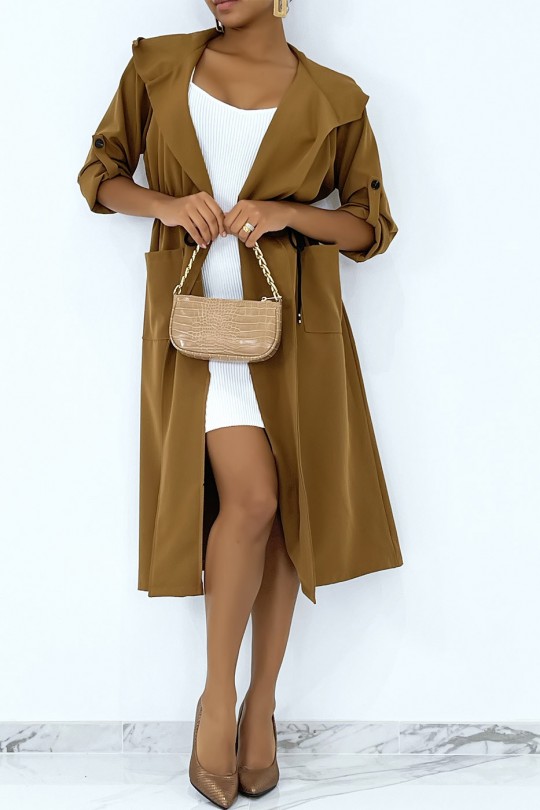Long fluid parka-style trench coat with camel hood to tighten at the waist - 2