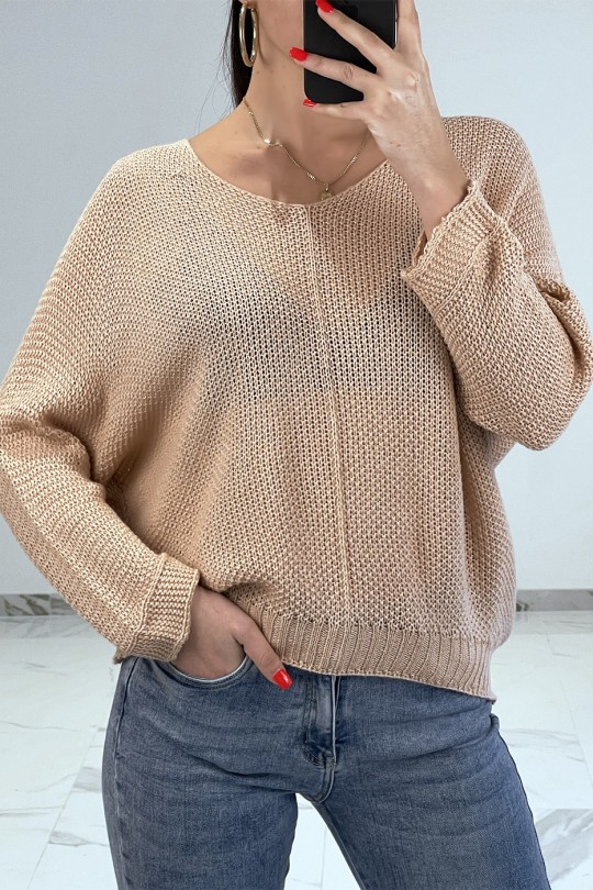 Flowy pink chunky knit sweater with wide round neck - 1