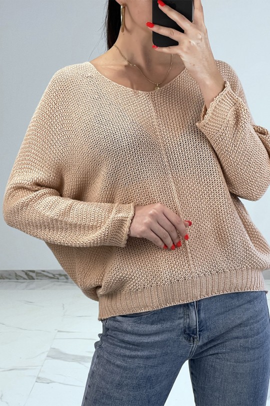 Flowy pink chunky knit sweater with wide round neck - 2