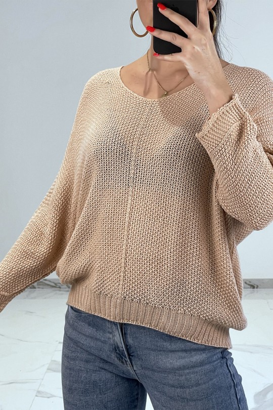 Flowy pink chunky knit sweater with wide round neck - 3
