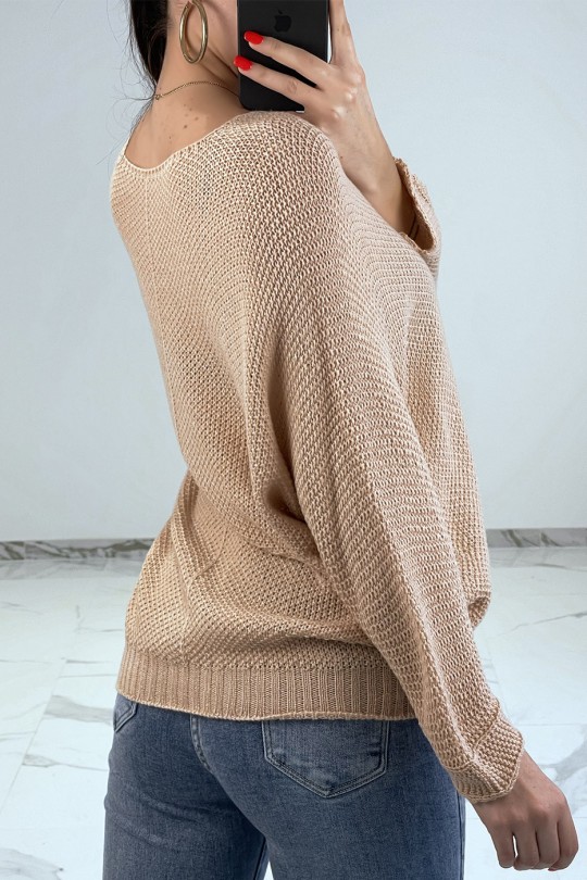 Flowy pink chunky knit sweater with wide round neck - 5