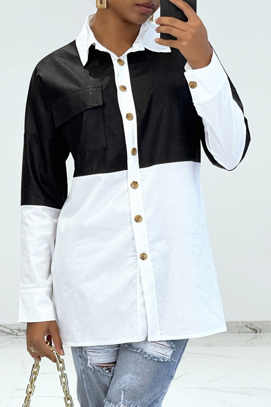 Oversized wit bi-materiaal overhemd met zwart leren inzetstuk - 1