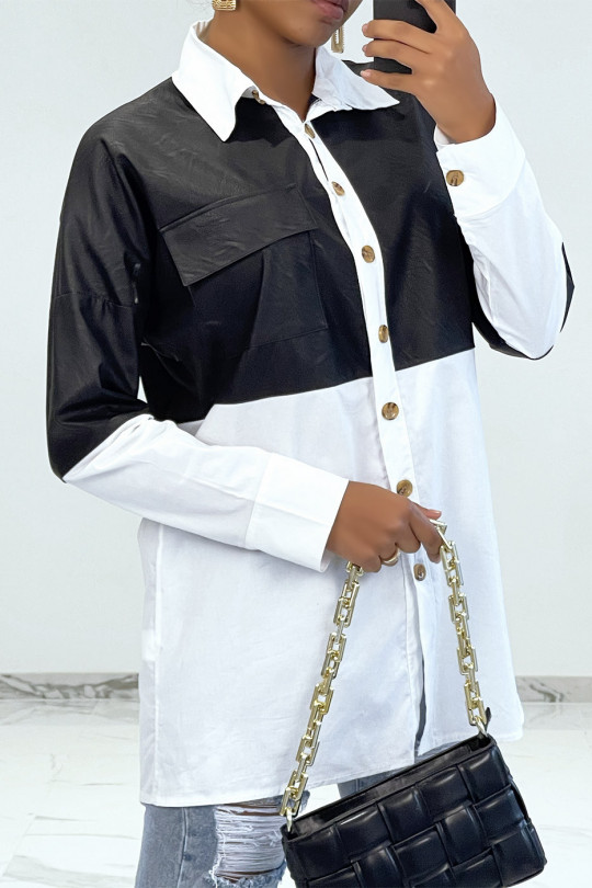 Oversized white bi-material shirt with black leather insert - 2