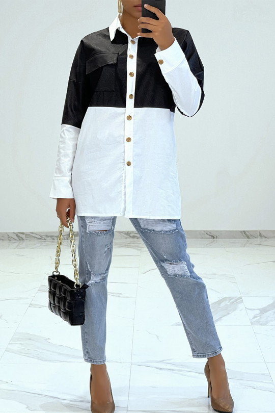 Oversized white bi-material shirt with black leather insert - 3