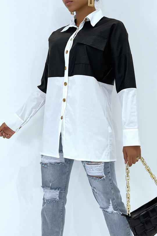 Oversized white bi-material shirt with black leather insert - 4