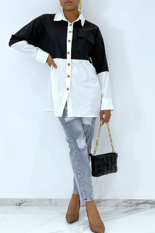 Oversized white bi-material shirt with black leather insert - 5