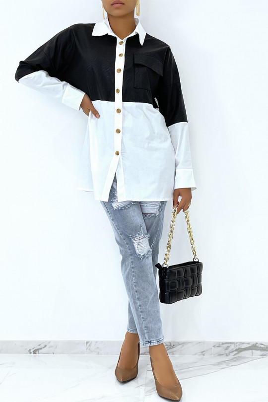 Oversized white bi-material shirt with black leather insert - 6