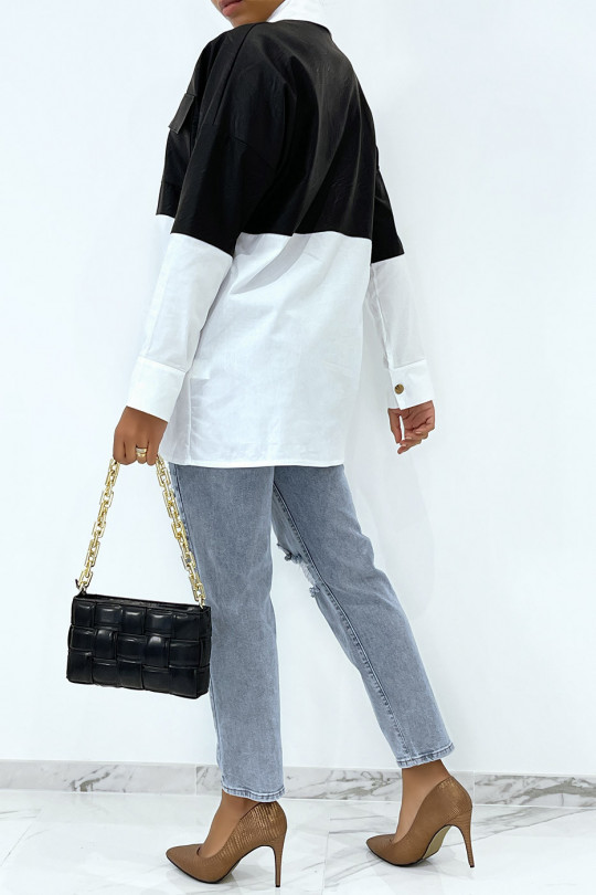 Oversized white bi-material shirt with black leather insert - 7