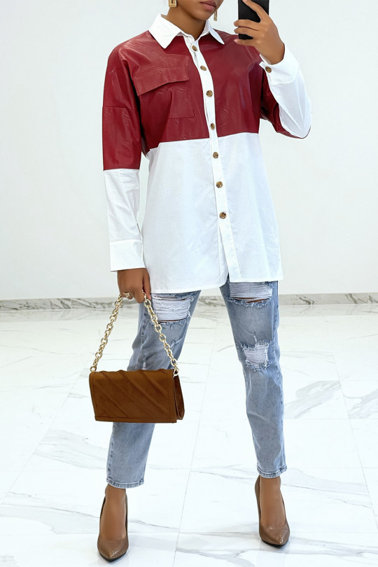 Oversized white bi-material shirt with burgundy leather insert - 1
