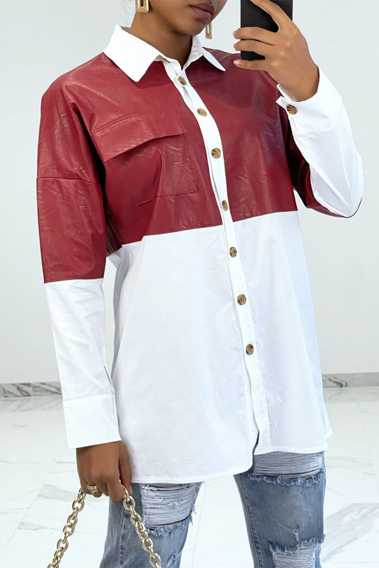 Oversized white bi-material shirt with burgundy leather insert - 2