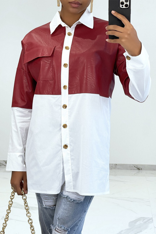 Oversized white bi-material shirt with burgundy leather insert - 3